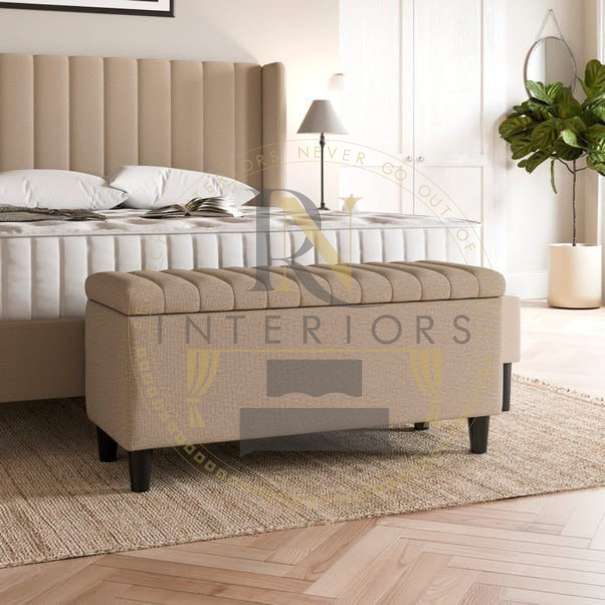 Vertical Liner Ottoman Divan Bed With 49-Inch Headboard & RN Interiors Lined Ottoman Storage Box with Mattress - rn interiors