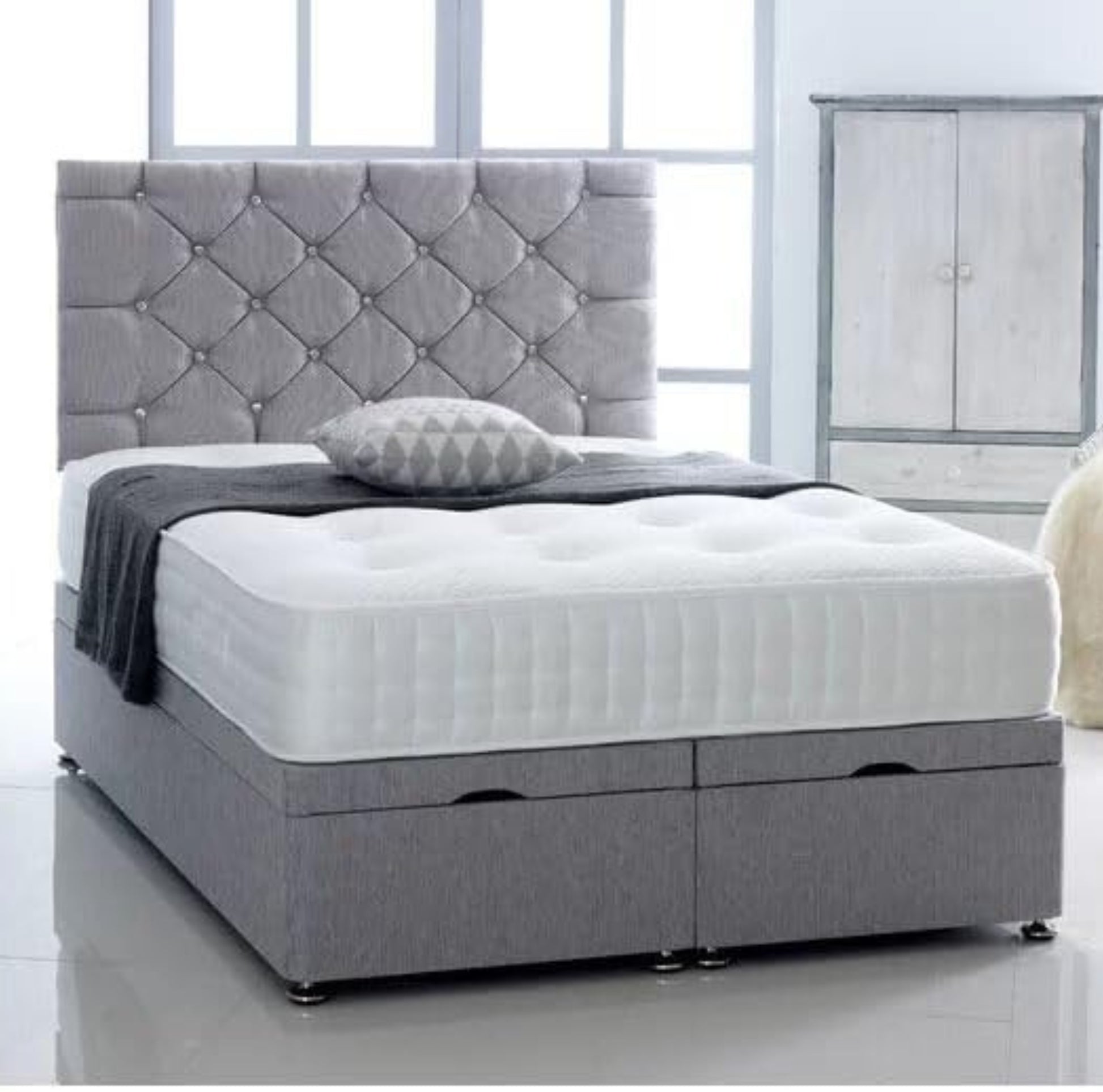 Ottoman Divan Bed, Cube Design Headboard, Ottoman Storage, Handcrafted, British Bed Store, Velvet, Linen, and Crushed Velvet, Single, Double, King, and Super King Sizes, Gas Lift Mechanism, Comfort and Support, Bed shop near me, bed store in uk, customizable fabric options