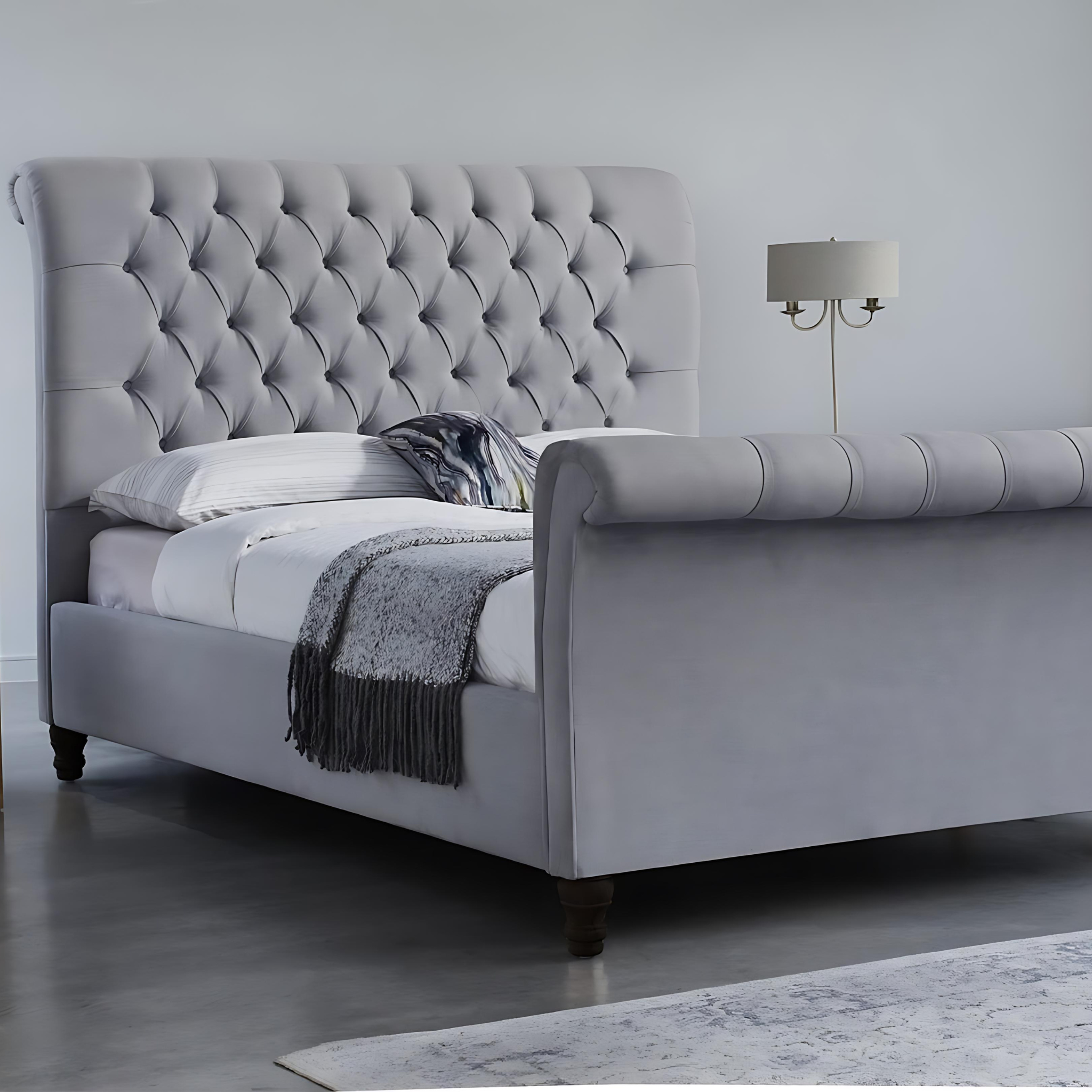 Luxury Soft Silver Sleigh bed With Ottoman Gas Lift - rn interiors