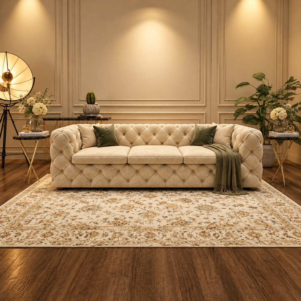 A cream tufted leather sofa with three seat cushions, styled in a modern living room setting on a patterned area rug over a wood floor.