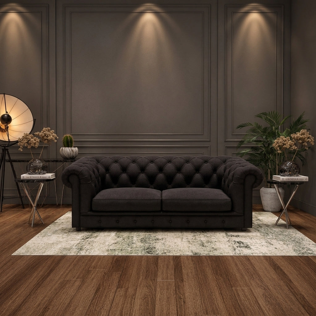 A black tufted Chesterfield loveseat sofa placed in a styled living room with wood flooring, a distressed cream rug, side tables, plants, and wall sconces.