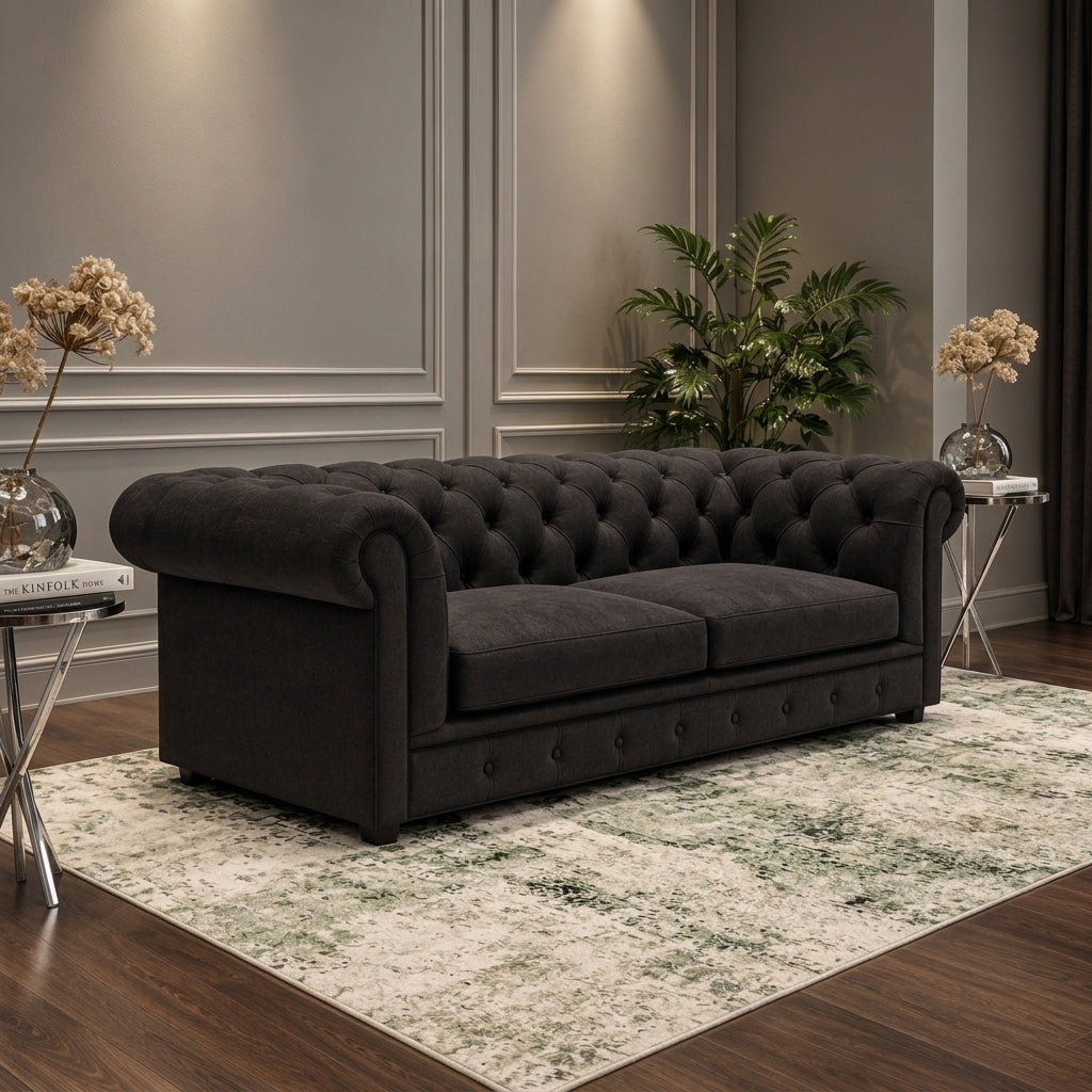 A dark gray tufted loveseat sofa placed on a patterned area rug in a styled living room with wood floors, side tables, dried flowers, and a potted plant.