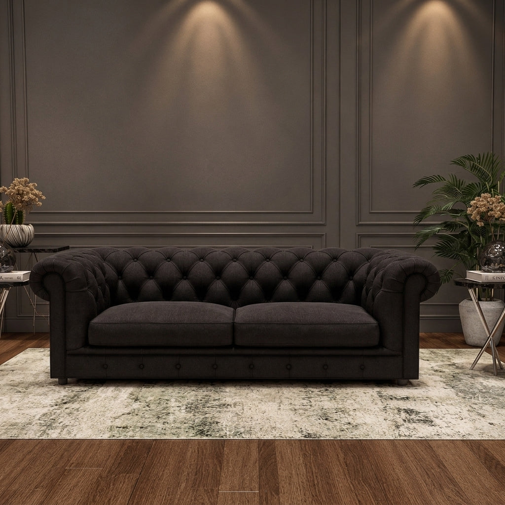 A dark charcoal gray tufted Chesterfield sofa with two seat cushions, set on a distressed cream and gray area rug in a modern living room with wood paneling and warm overhead lighting.