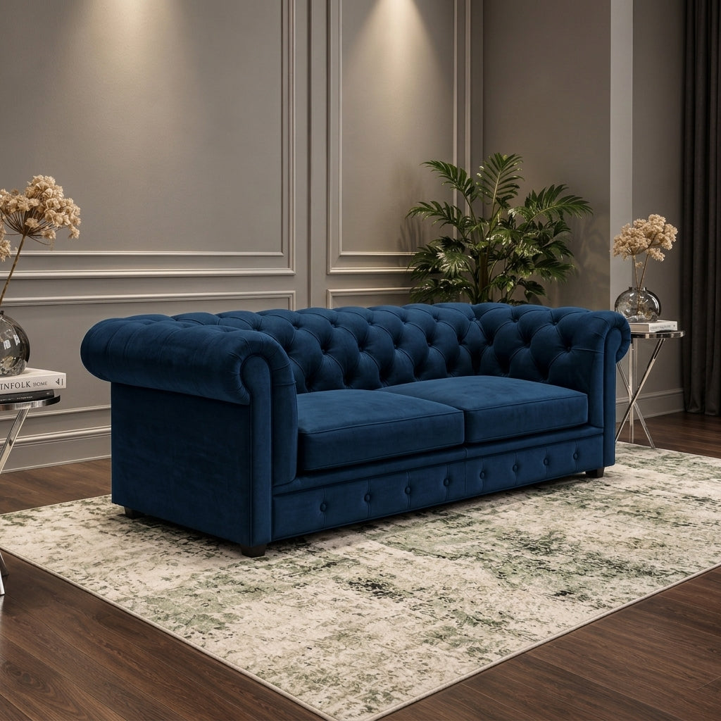 A deep blue tufted velvet Chesterfield loveseat sofa placed on a patterned area rug in a styled living room with wood floors, wall paneling, plants, and side tables.