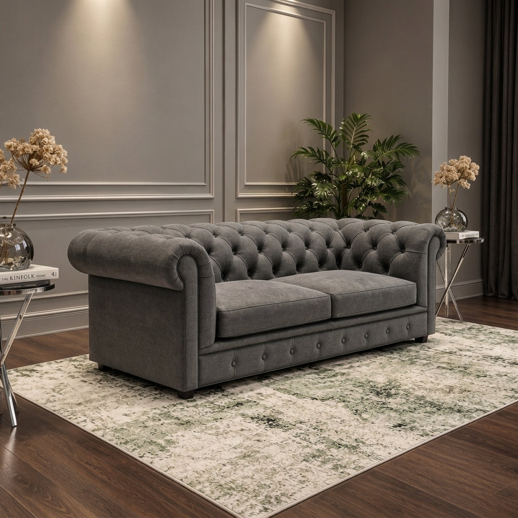 A gray tufted Chesterfield-style loveseat sofa placed on a patterned area rug in a styled living room with wood floors, side tables, flowers, and a plant.