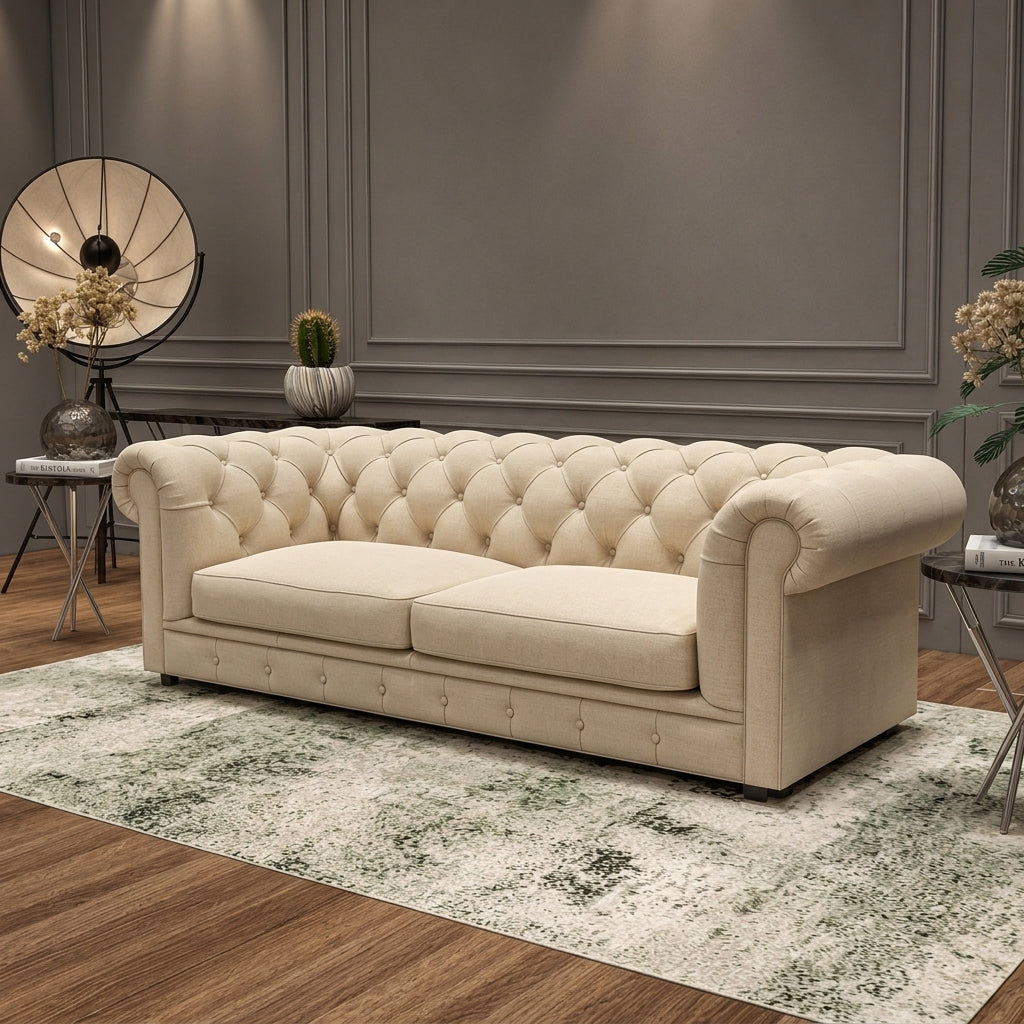 A cream-colored tufted sofa with rolled arms and two seat cushions, styled in a modern living room setting on a patterned rug with wooden flooring.