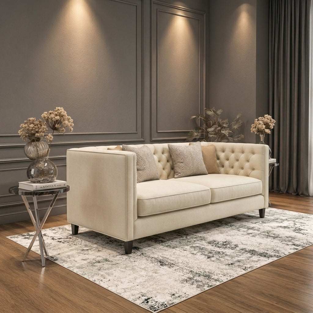 A cream tufted loveseat sofa with matching throw pillows, styled in a modern living room setting on a patterned rug with a side table and dried flowers.