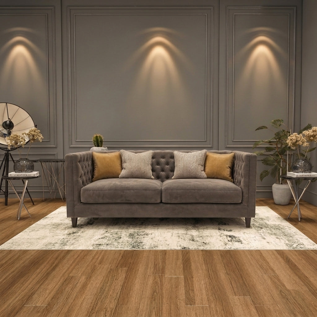 A gray tufted three-seat sofa with four throw pillows, styled in a modern living room setting with wood floors, a patterned rug, and wall sconces.