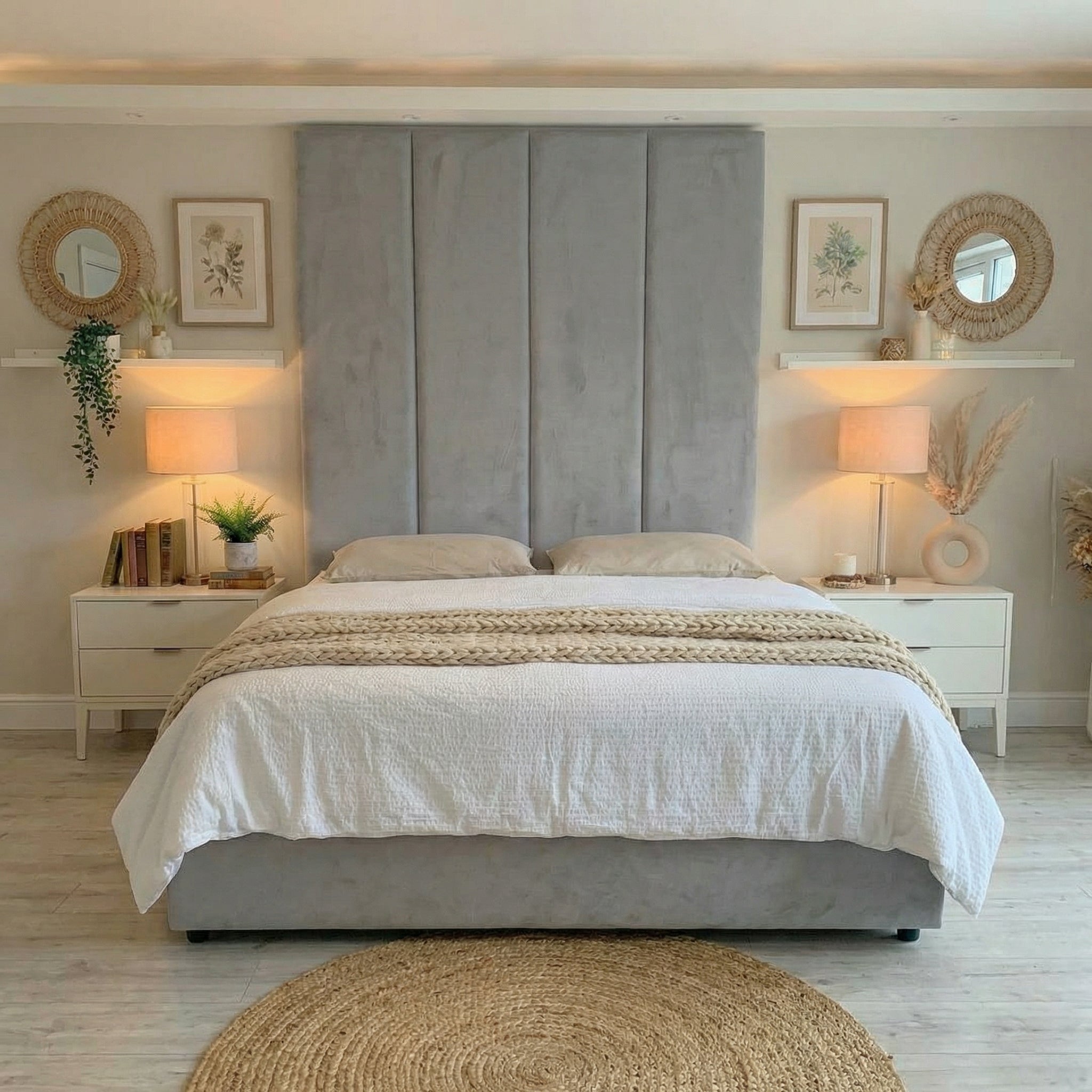 Modern Upholstered Bed with Tall Panel Headboard