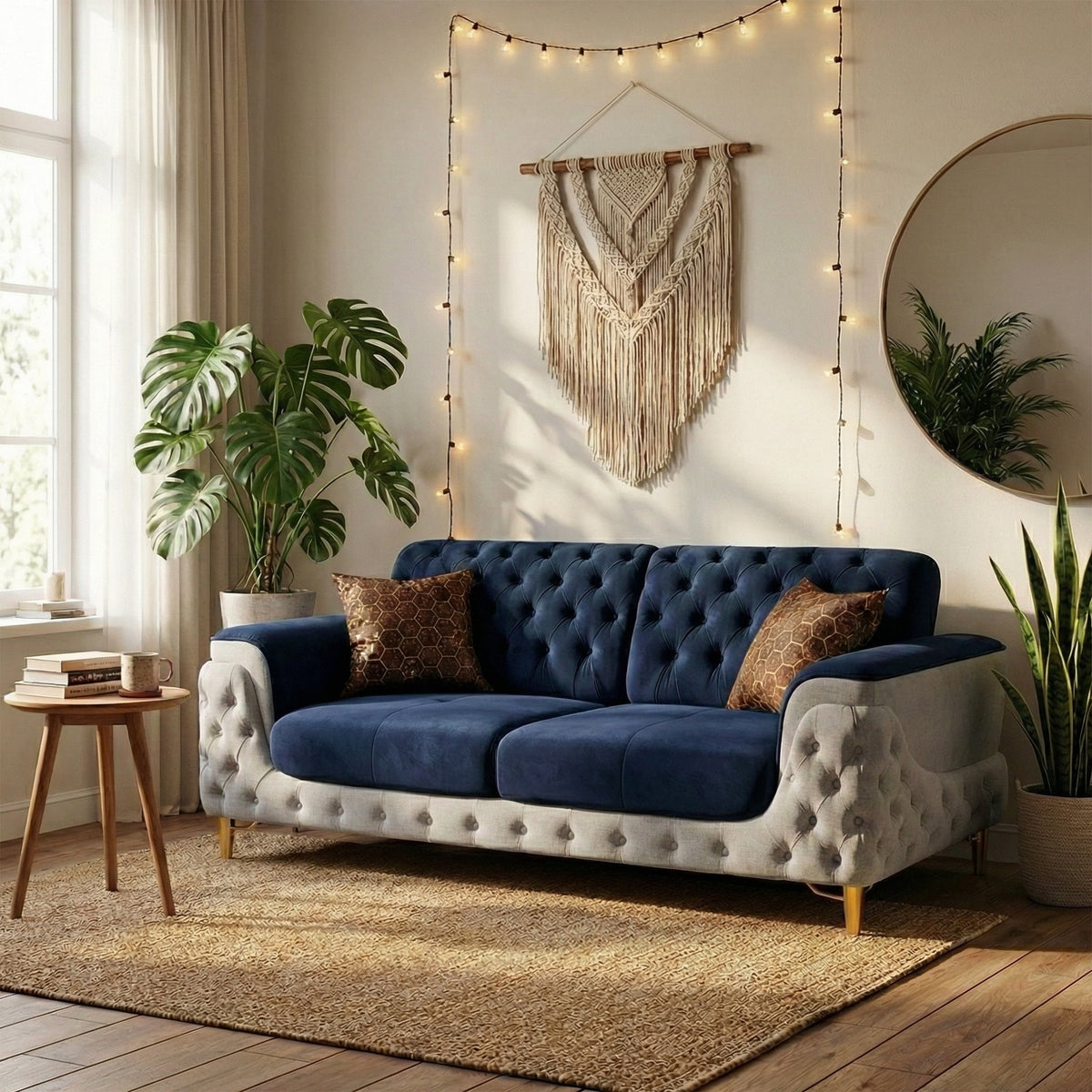 Luxury Two-Tone Chesterfield Sofa with Gold Legs