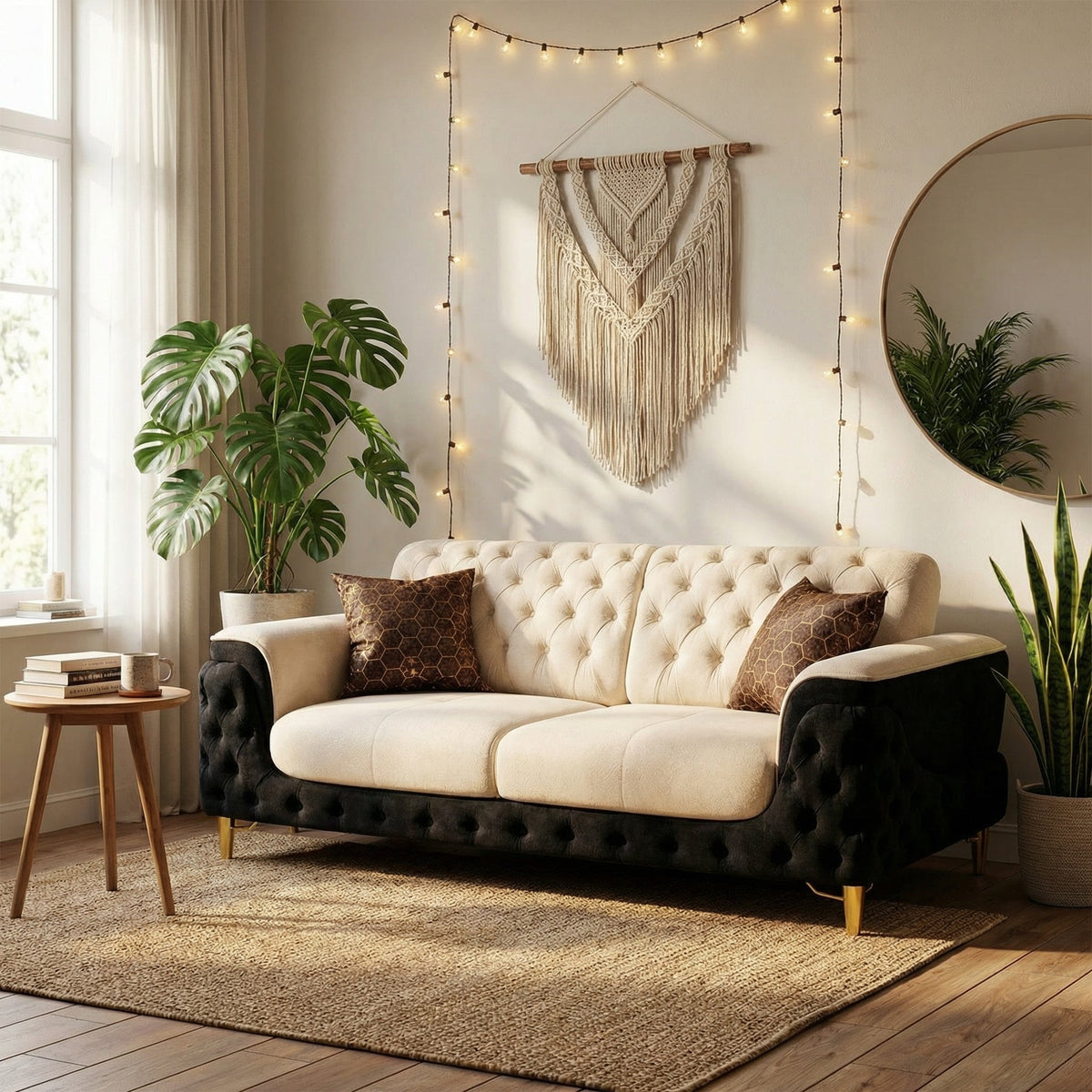 Luxury Two-Tone Chesterfield Sofa with Gold Legs