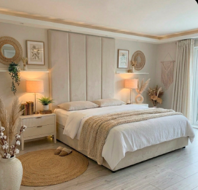 Modern Upholstered Bed with Tall Panel Headboard