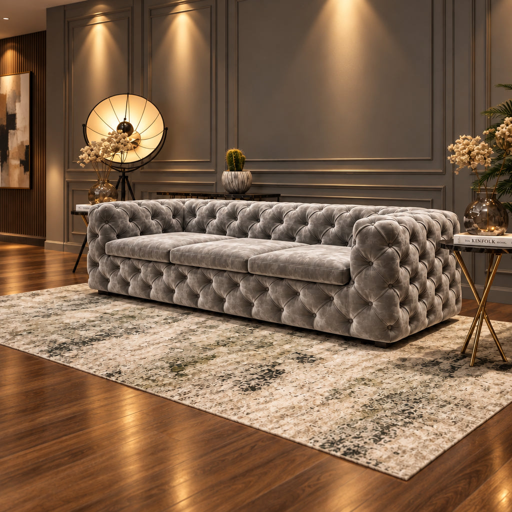 A light gray tufted velvet sofa with a chaise lounge attachment, styled in a modern living room setting on a patterned rug with wood flooring.