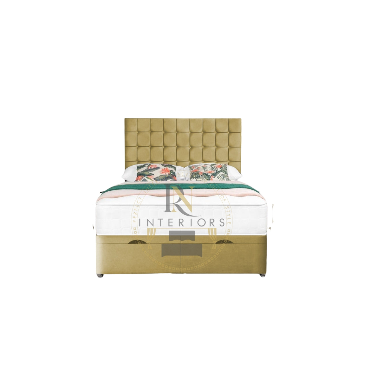 Ottoman Divan Bed with 49-Inch Cube Square Design Headboard With Ottoman Storage Capacity - rn interiors