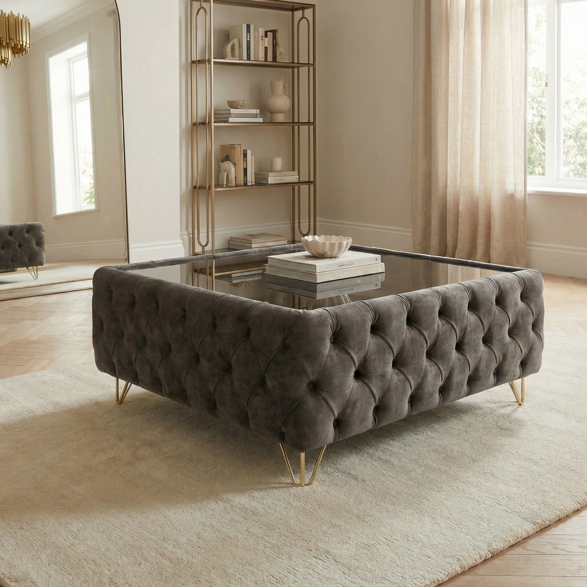 Tufted Coffee Table with Glass Top