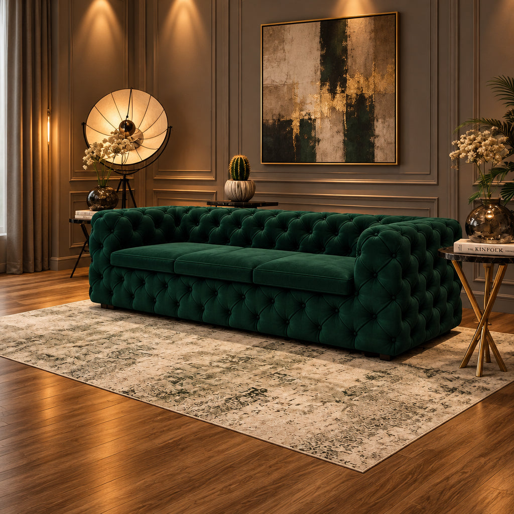 A dark green tufted velvet sofa placed on a light patterned rug in a styled living room with wood flooring, paneled walls, side tables, and decorative lamps.