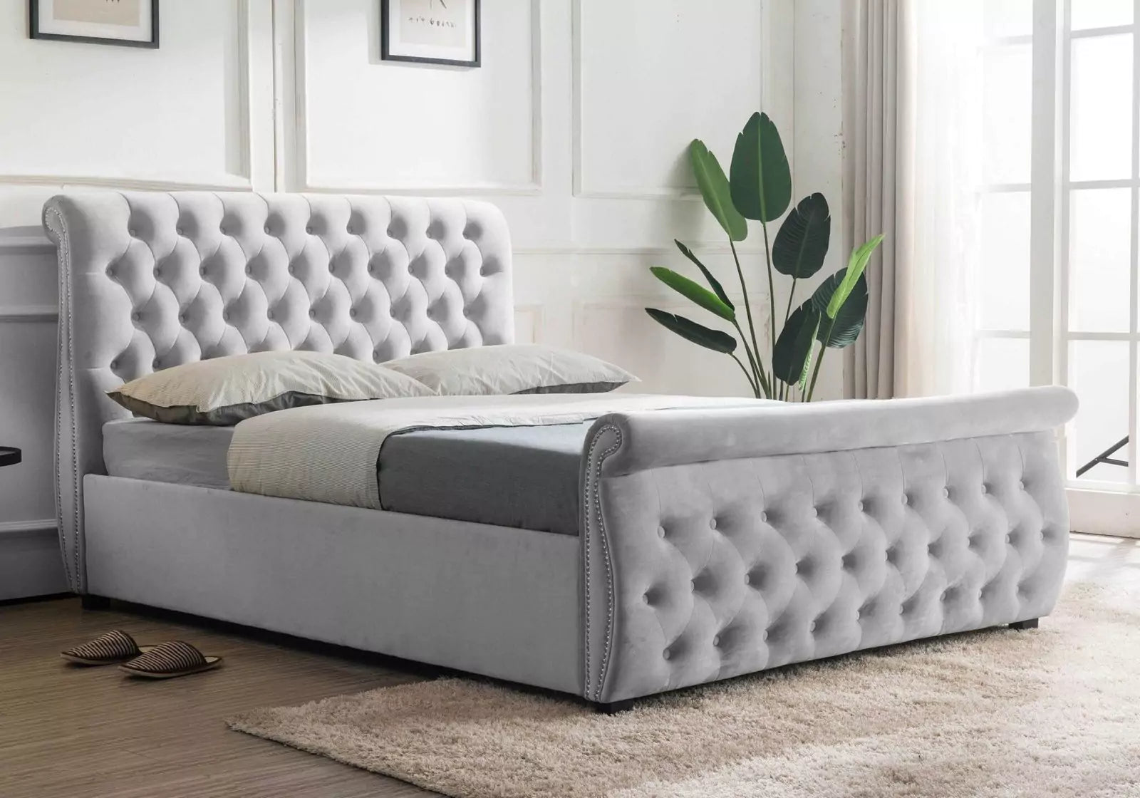 Luxury Silver Crushed Velvet Sleigh Bed Double - rn interiors