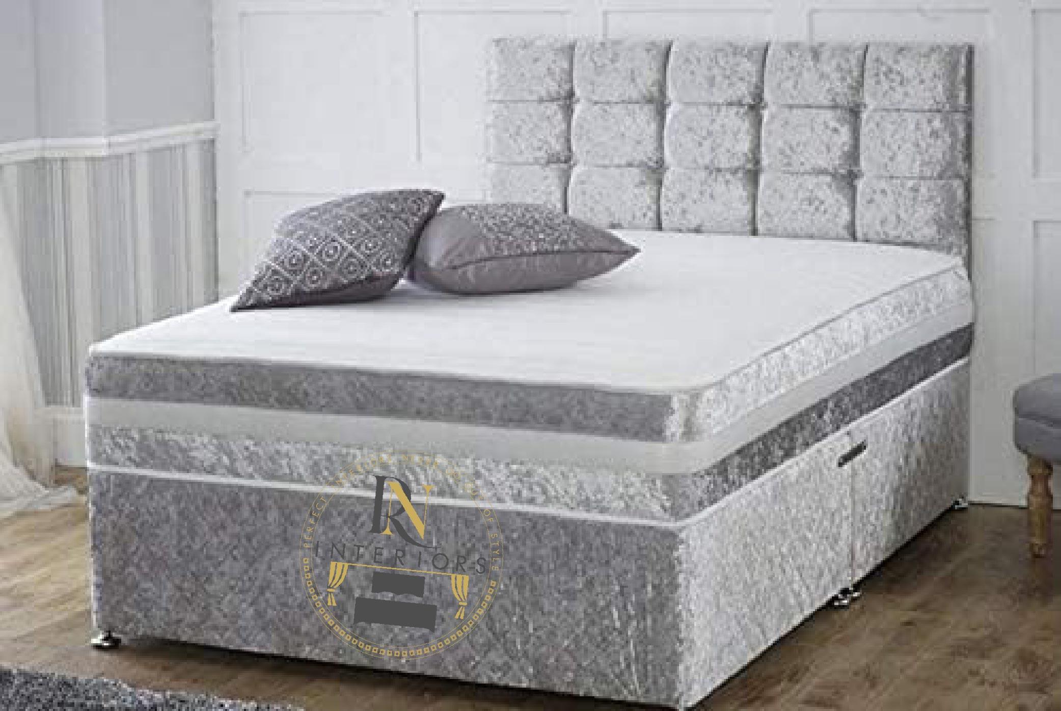 RN Silver Crushed Velvet Divan Bed Set 2 Drawer | Divan Bed Frame With Memory Foam Sprung Mattress And Matching Headboard - rn interiors